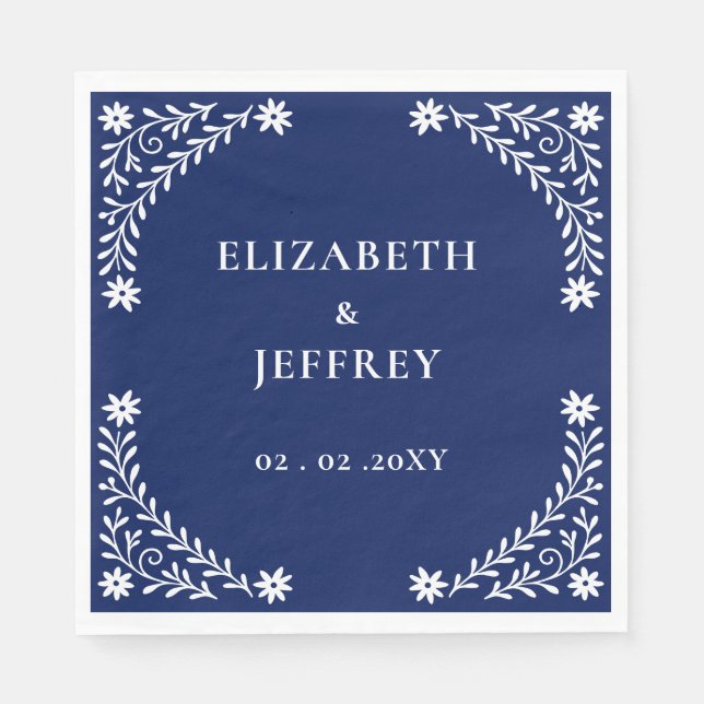 Elegant Boho Navy Floral Wedding  Napkin (Front)
