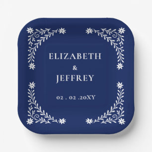 Elegant Boho Navy Floral Wedding  Paper Plate