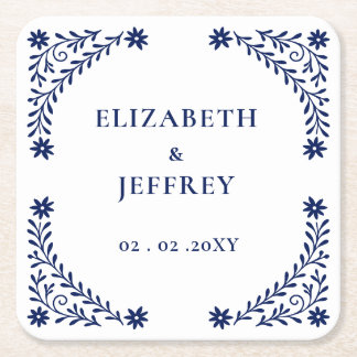 Elegant Boho Navy Floral Wedding  Square Paper Coaster