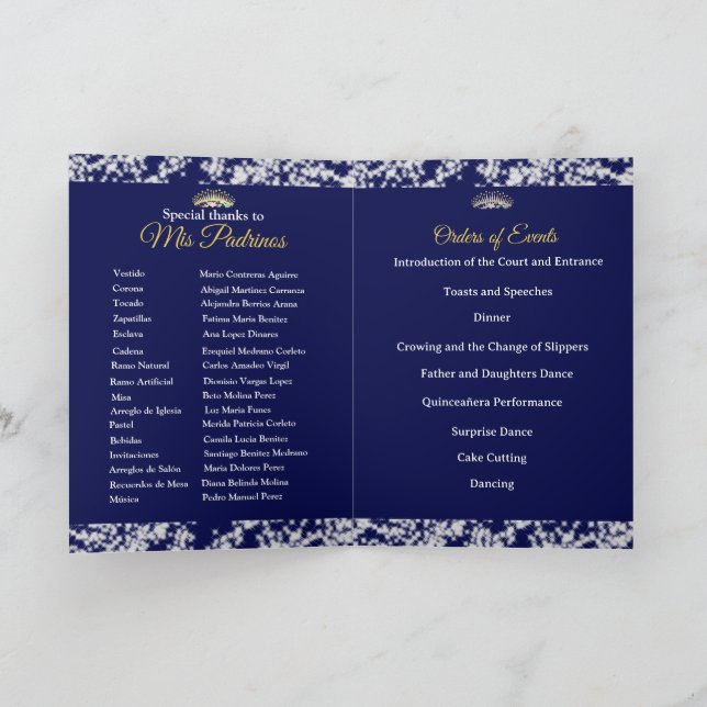 Elegant Boho Navy Silver Quinceañera Spanish Program (Inside)