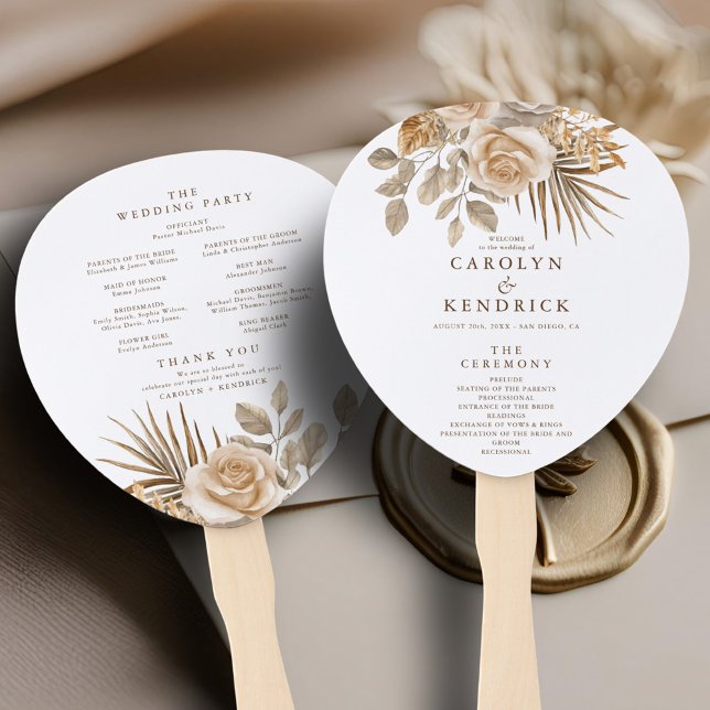 Elegant Boho Neutral Floral Accent Wedding Program Hand Fan (Creator Uploaded)