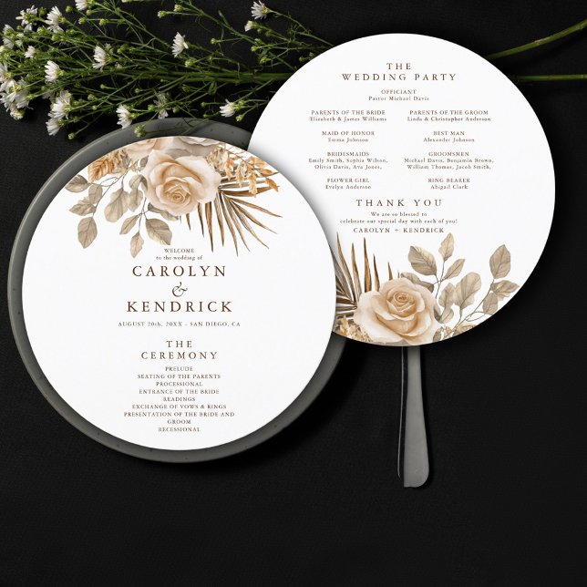 Elegant Boho Neutral Floral Accents Round Wedding Program (Creator Uploaded)