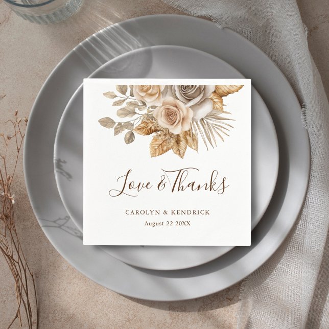 Elegant Boho Neutral Floral Love & Thanks Wedding Napkin (Creator Uploaded)
