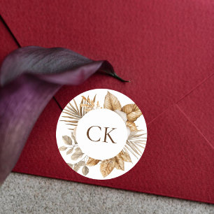 Elegant Boho Neutral Floral Monogram Wedding Favou Classic Round Sticker