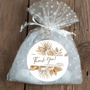 Elegant Boho Neutral Floral Wedding Thank you Classic Round Sticker
