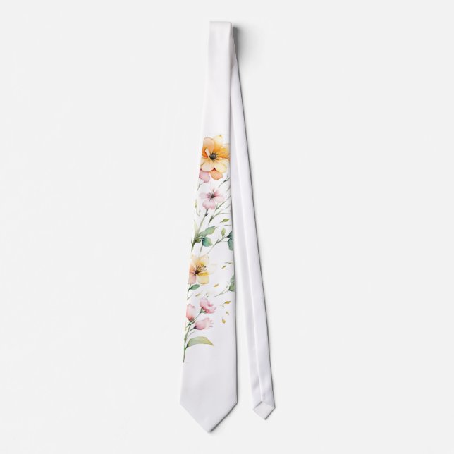Elegant Boho Orange Pink Watercolor Wildflowers Tie (Front)