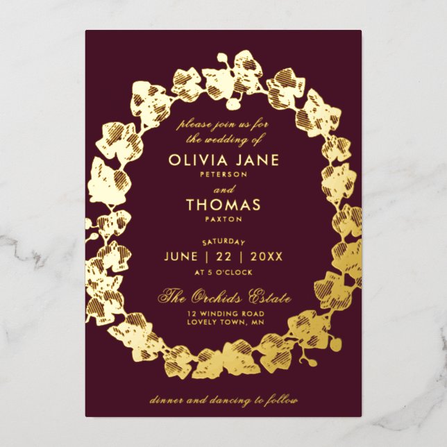 Elegant Boho Orchid Floral Wreath Burgundy Wedding (Front)