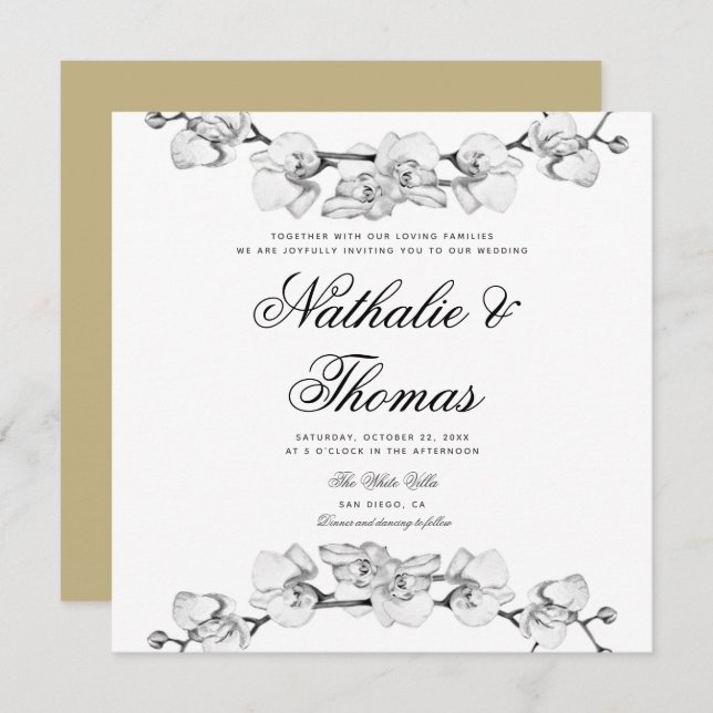 Elegant Boho Orchids Black White Unique Wedding Invitation (Front/Back)