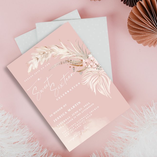 Elegant Boho Pampas Blush Sweet 16 Party Invitation (Creator Uploaded)