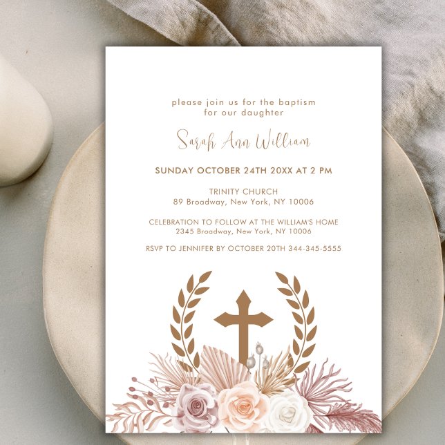 Elegant Boho Pampas Floral Cross Wreath Baptism Invitation (Elegant Boho Pampas Floral Cross Wreath Baptism Invitation)