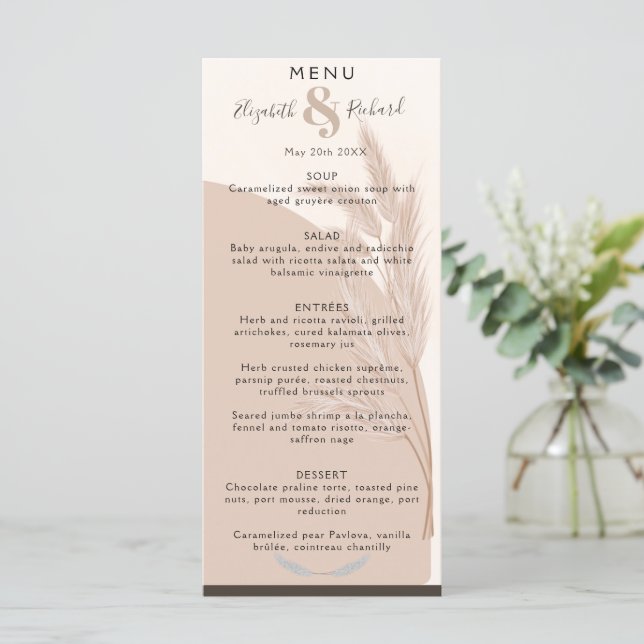 Elegant Boho Pampas Grass Modern Wedding Menu (Standing Front)