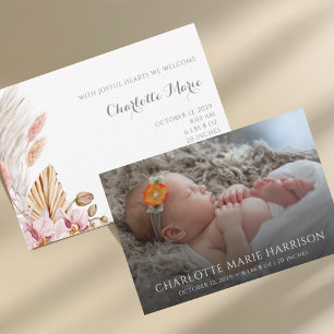 Elegant Boho Pampas Grass Photo Birth Announcement
