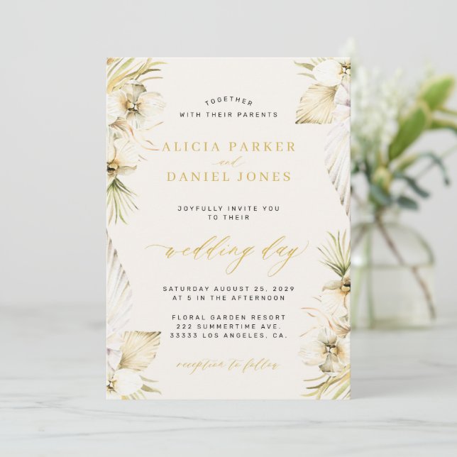Elegant boho pampas tropical floral wedding invitation (Standing Front)
