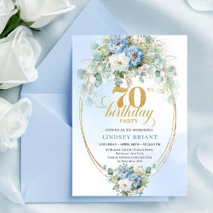 Elegant Boho Pastel Blue Peonies 70th Birthday   Invitation