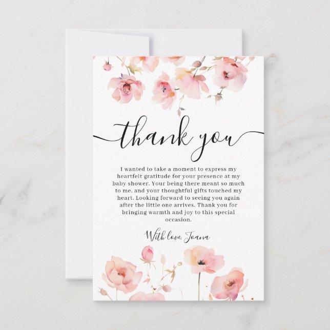Elegant Boho Pastel Pink Floral Baby Shower Thank You Card (Front)