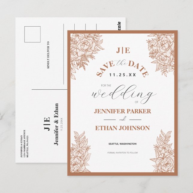 Elegant Boho Peony Botanical Save The Date Postcard (Front/Back)