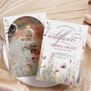Elegant Boho Photo Wildflower 1st Birthday Invitation