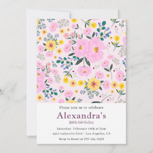 Elegant Boho Pink Floral 99th birthday Invitation
