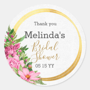 Elegant Boho Pink Floral Bridal Shower Favour Classic Round Sticker