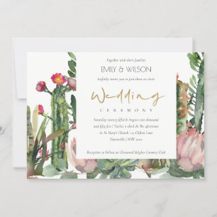 ELEGANT BOHO PINK FLORAL CACTI FOLIAGE WEDDING INVITATION