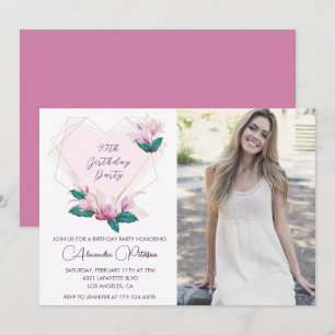 Elegant Boho Pink Floral Photo 39th birthday Invitation