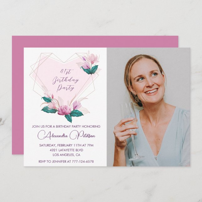Elegant Boho Pink Floral Photo 41st birthday Invitation (Front/Back)