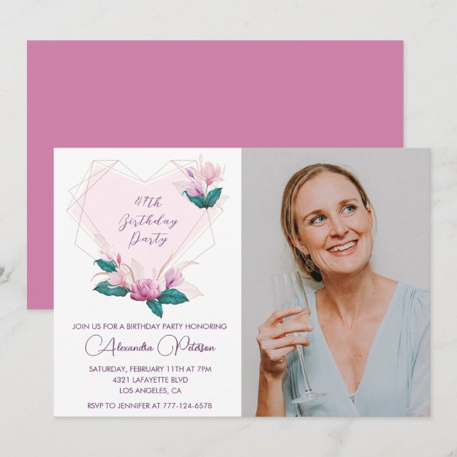Elegant Boho Pink Floral Photo 47th birthday Invitation (Front/Back)