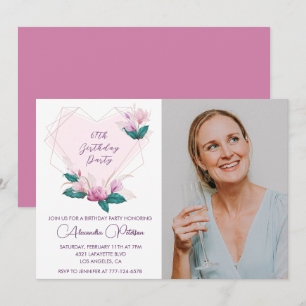 Elegant Boho Pink Floral Photo 67th birthday Invitation