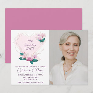 Elegant Boho Pink Floral Photo 77th birthday Invitation