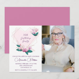 Elegant Boho Pink Floral Photo 96th birthday Invitation