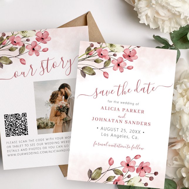 Elegant boho pink floral QR code photo wedding Save The Date (Creator Uploaded)