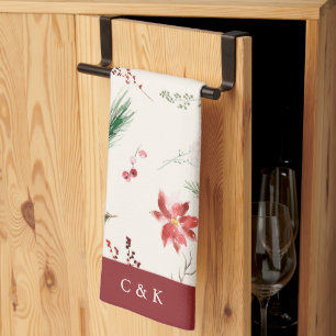 Elegant Boho Poinsettia Greenery Christmas Winter Tea Towel