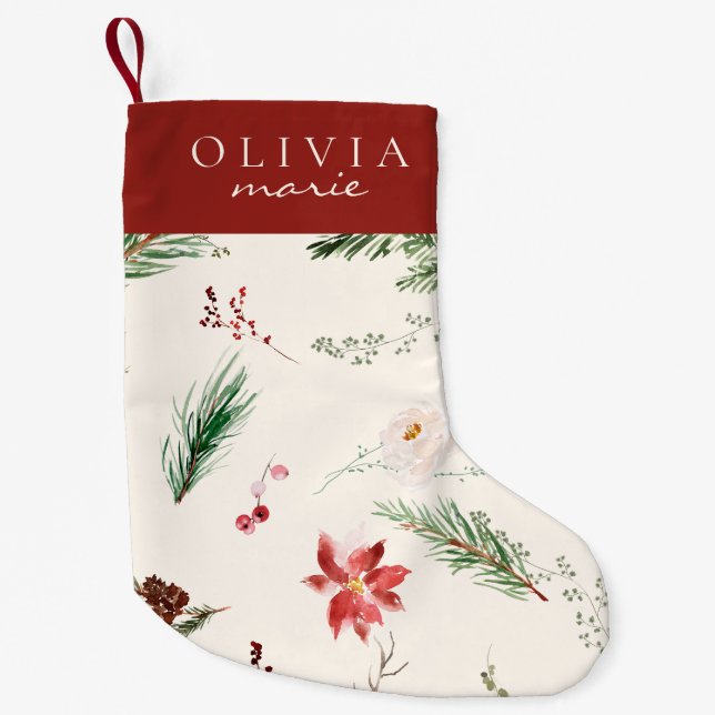 Elegant Boho Poinsettia Pine Holly Names Small Christmas Stocking (Front)