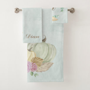 Elegant Boho Pumpkin pampas grass Personalised Bath Towel Set