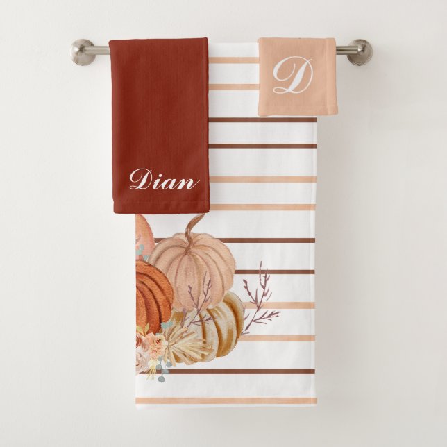 Elegant Boho Pumpkin pampas grass Personalised  Bath Towel Set (Insitu)