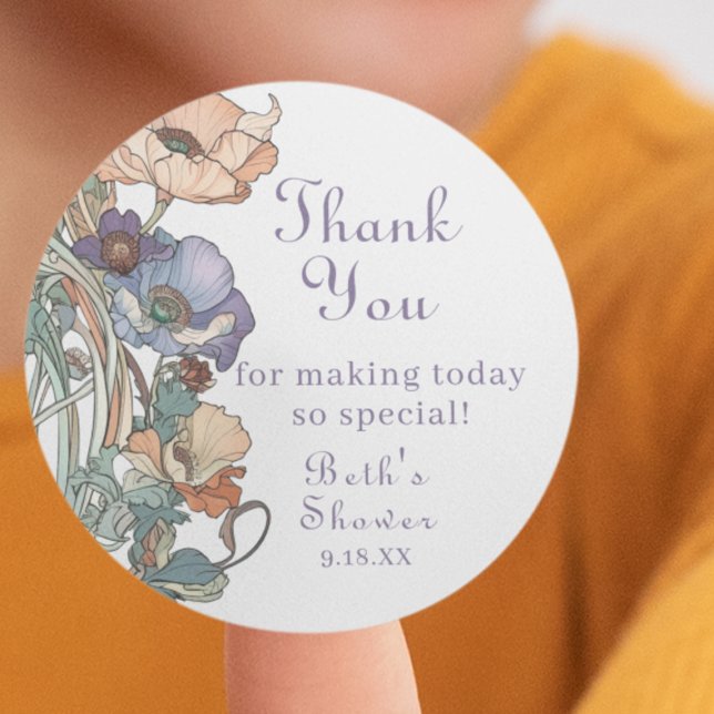 Elegant Boho Purple and Peach Poppies, Thank You  Classic Round Sticker (Express heartfelt gratitude with our elegant Boho Poppies Thank You Sticker. Perfect for showers.)