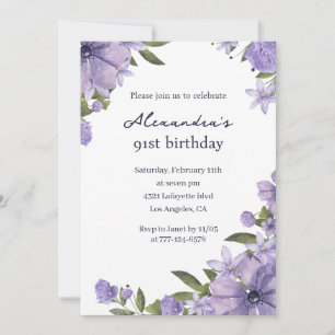 Elegant Boho purple Floral 91st birthday Invitation