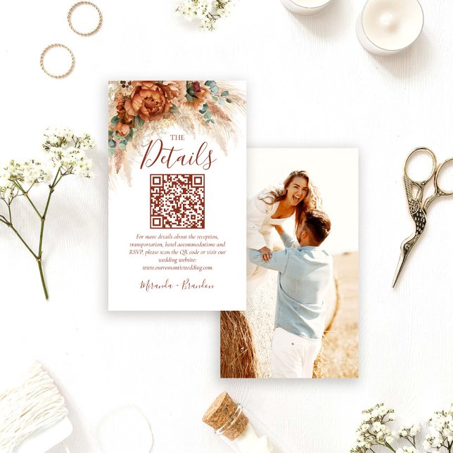 Elegant  Boho QR Code Photo Wedding Details Card (Creator Uploaded)