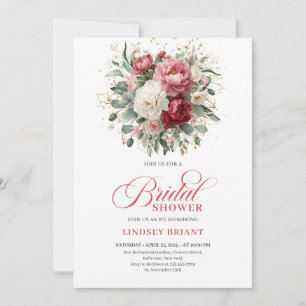 Elegant Boho Red Blush Gold Floral Bridal Shower  Invitation