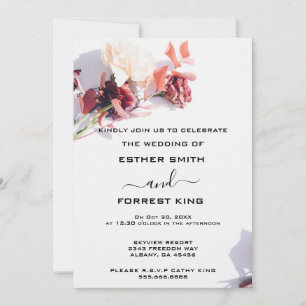 Elegant Boho Retro Floral Pink & White Wedding Invitation