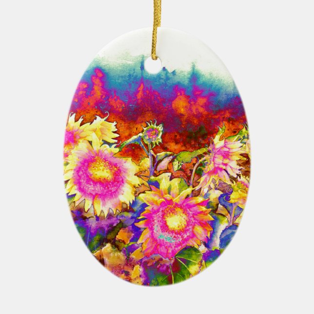 Elegant boho retro sunflowers pink yellow flowers ceramic tree decoration (Front)