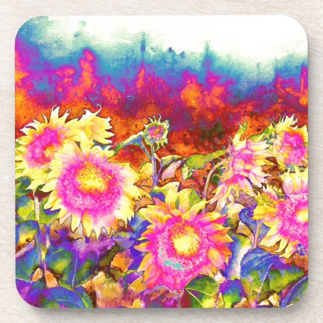 Elegant boho retro sunflowers pink yellow flowers coaster (Front)