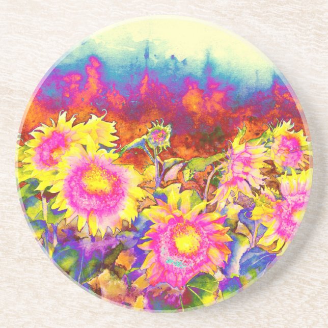Elegant boho retro sunflowers pink yellow flowers coaster (Front)