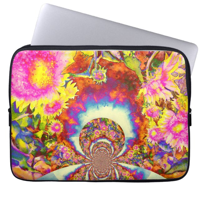 Elegant boho retro sunflowers pink yellow flowers laptop sleeve (Front)