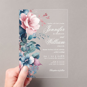 Elegant Boho Romantic Floral Blue Wedding  Acrylic Invitations