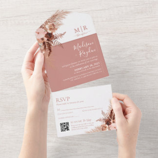 Elegant Boho Rose Pink Pampas QR Code Wedding All In One Invitation