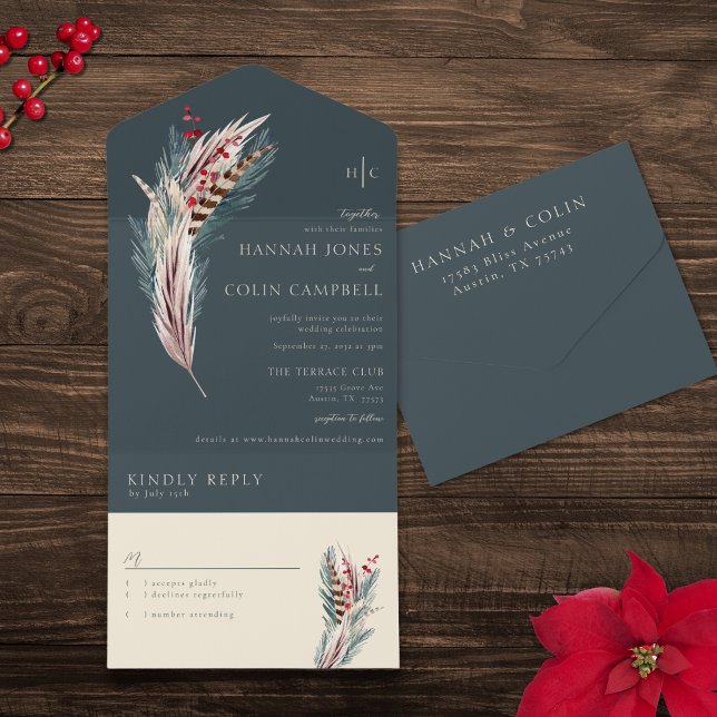 Elegant Boho Rustic Pampas & Pine Green Tan Red All In One Invitation (Creator Uploaded)
