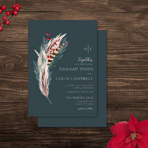Elegant Boho Rustic Pampas & Pine Green Tan Red Invitation