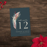 Elegant Boho Rustic Pampas & Pine Green Tan Red Table Number<br><div class="desc">Elements: Modern boho floral arrangment including pampas grass, pine sprigs, feathers and holly berries. Sophisticated serif fonts with elegant script accents. Colours: hunter green, emerald, dark teal, evergreen, brown, tan, beige, white, red, cranberry, marsala. Themes: boho chic, modern, minimalist, rustic, vintage, winter, christmas wedding, bohemian, vineyard, winery. Collection: Elegant Boho...</div>