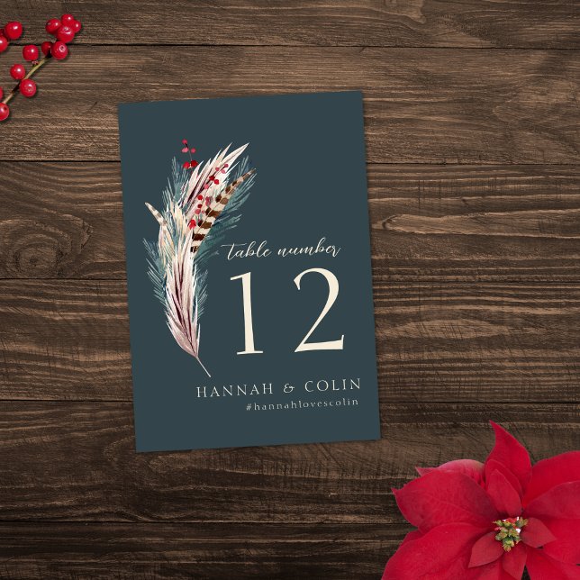 Elegant Boho Rustic Pampas & Pine Green Tan Red Table Number (Creator Uploaded)